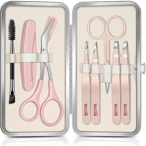 TsMADDTs Tweezers for Women Facial Hair, 8 in 1 Eyebrow Kit with Tweezers, Eyebrow Trimmer Scissors, Razor, Brush with Travel Bag, Hair Plucking Daily Beauty Tools - Image 1