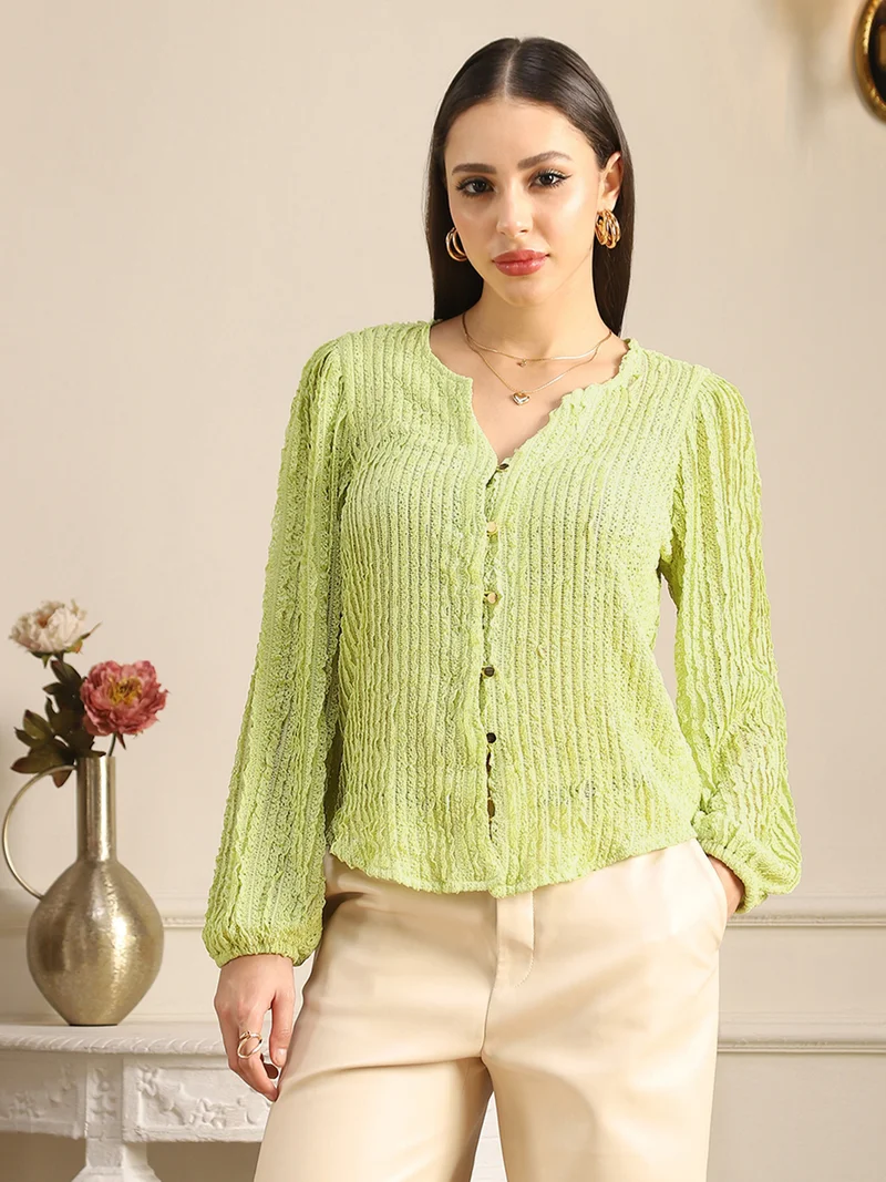 globus Globus Women Green V-Neck Bishop Sleeves Self Design Lace Shirt Style Top