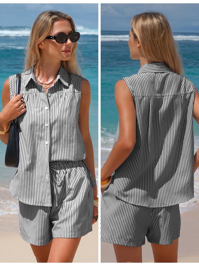 EXLURA Women's Summer 2 Piece Outfits Cotton Sleeveless Button Down Shirts Matching Shorts Sets Cruise Beach Vacation Resort - Image 5