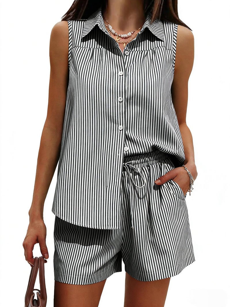 EXLURA Women's Summer 2 Piece Outfits Cotton Sleeveless Button Down Shirts Matching Shorts Sets Cruise Beach Vacation Resort - Image 1