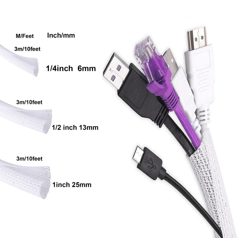 1 Piece 6ft 1 4 Inch Flexible Split Braided Cable Organizer Wire Loom Sleeve Cable Management For Under Desk Auto TV Computer Home USB Power Cord Audio Video Cable Harness White - Image 1