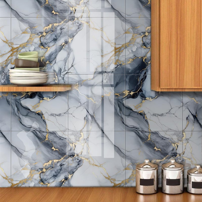 Chejiaye 22pcs Marble Peel and Stick Backsplash Surface Waterproof Wall Panels,Self-Adhesive Marble PVC Foam Wall Panels for Kitchen, Bathroom - 11.8"x11.8" Kitchen Tile(Not Real Tiles,Blue) - Image 3