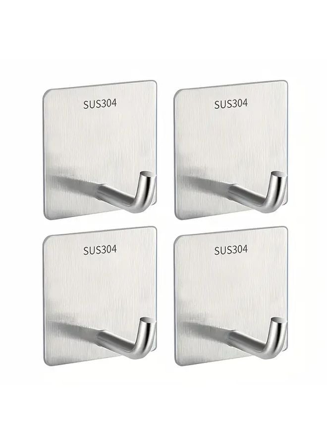 4pcs Silvery Stainless Steel Adhesive Hooks No Drilling Wall Mount Rust Resistant - Image 1