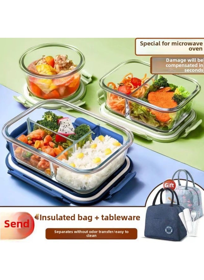 Generic - Glass Lunch Box For Microwave Oven Available For Office Workers Transparent Large Capacity Storage Box With Lid Partition Storage Box For Students-Specifications: Large Length Without Partitions + Medium Circle + Insulation Bag + Tableware - Image 1