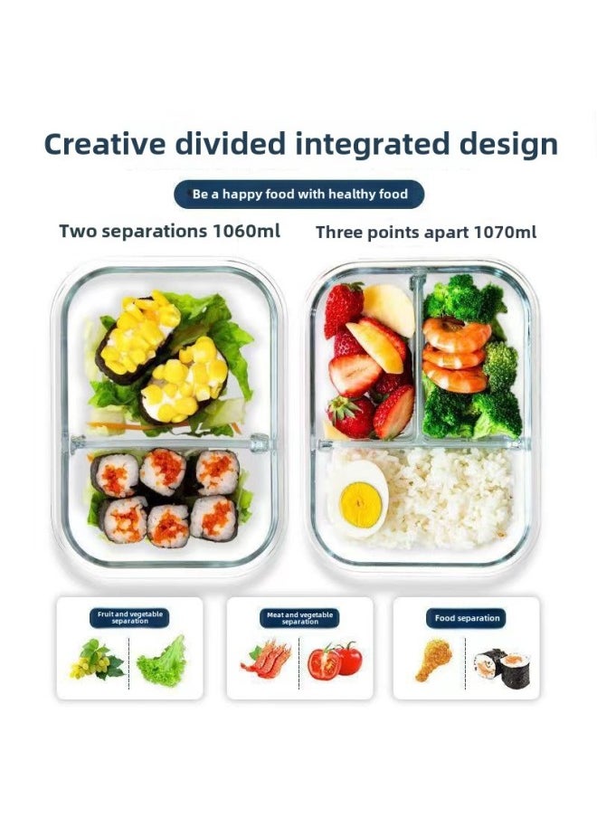 Generic - Glass Lunch Box For Microwave Oven Available For Office Workers Transparent Large Capacity Storage Box With Lid Partition Storage Box For Students-Specifications: Large Length Without Partitions + Medium Circle + Insulation Bag + Tableware - Image 1