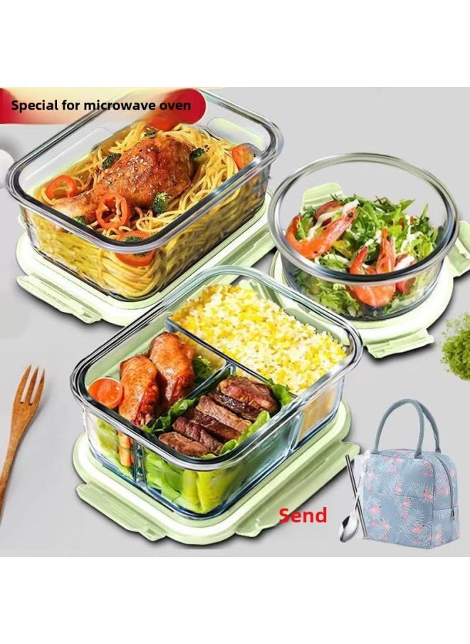 Generic - Glass Lunch Box For Microwave Oven Available For Office Workers Transparent Large Capacity Storage Box With Lid Partition Storage Box For Students-Specifications: Large Length Without Partitions + Medium Circle + Insulation Bag + Tableware - Image 1