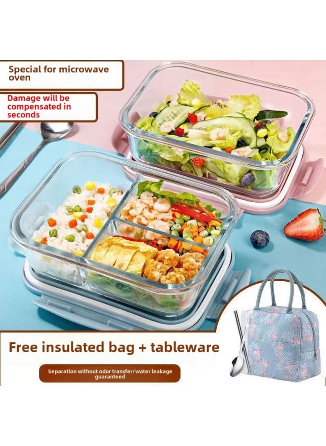 Generic - Glass Lunch Box For Microwave Oven Available For Office Workers Transparent Large Capacity Storage Box With Lid Partition Storage Box For Students-Specifications: Large Length Without Partitions + Medium Circle + Insulation Bag + Tableware - Image 1