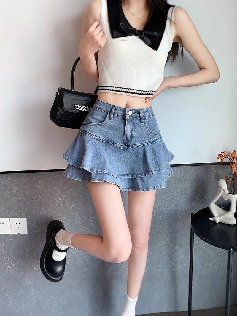 Girl American High-Waisted A-Line Slim Denim Skirt Sweet And Cool Cake Skirt Ruffled Fishtail Skirt - Image 4
