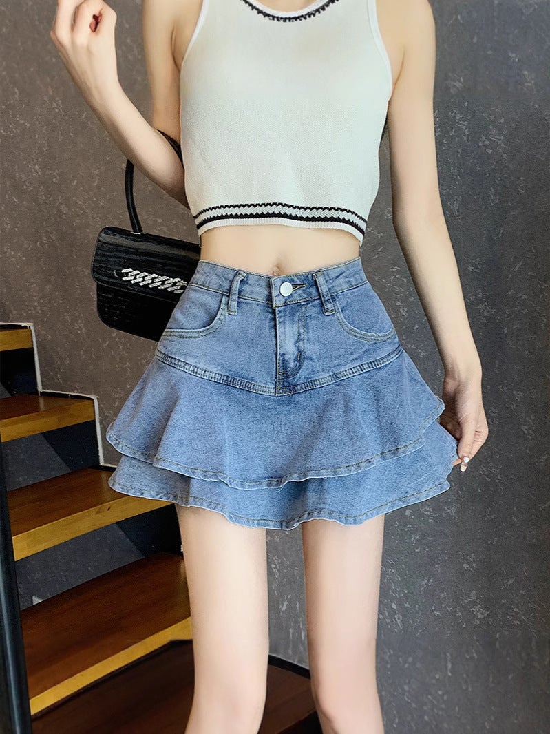 Girl American High-Waisted A-Line Slim Denim Skirt Sweet And Cool Cake Skirt Ruffled Fishtail Skirt - Image 5