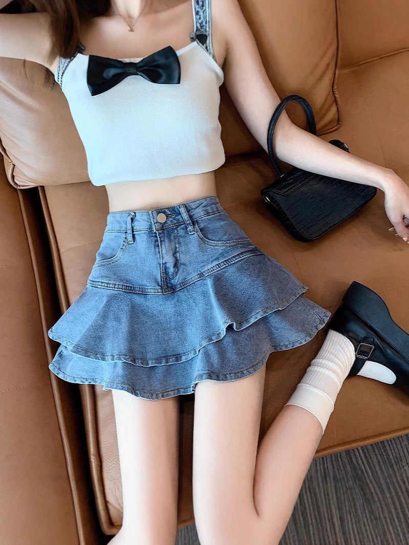 Girl American High-Waisted A-Line Slim Denim Skirt Sweet And Cool Cake Skirt Ruffled Fishtail Skirt - Image 2