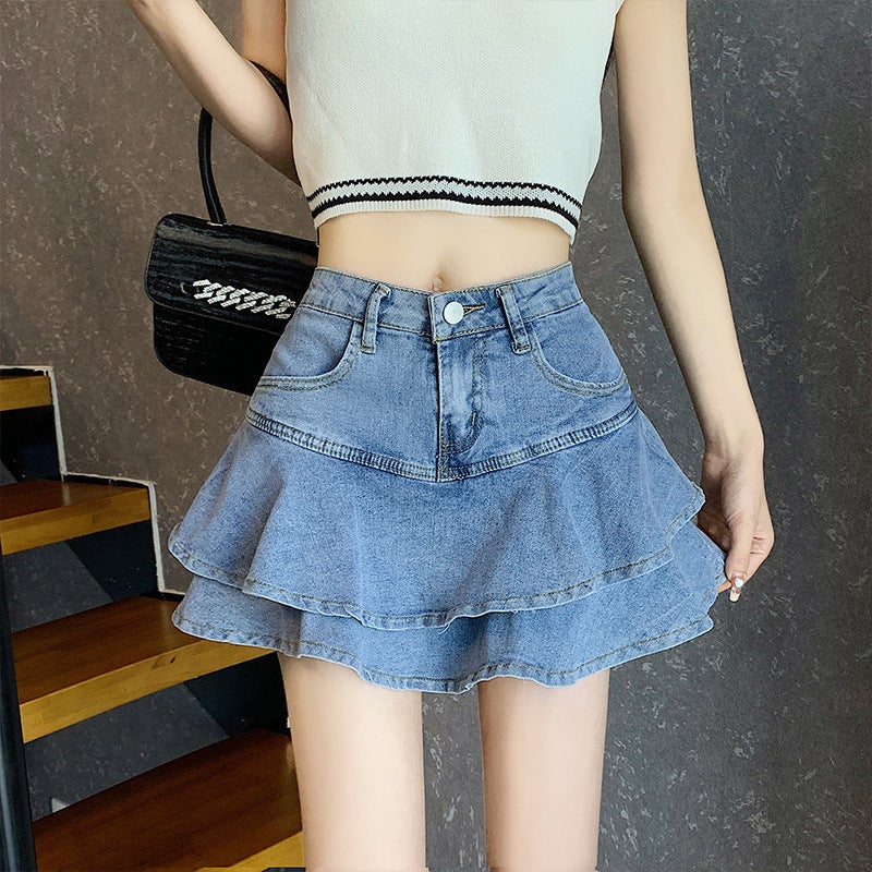 Girl American High-Waisted A-Line Slim Denim Skirt Sweet And Cool Cake Skirt Ruffled Fishtail Skirt - Image 1