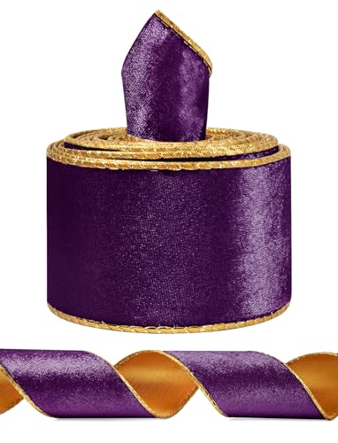 SIMISI RIBBON Purple Wide Velvet Ribbon Wired for Christmas Tree, Garland, Wreath, 2.5 Inch 5 Yards - Image 1