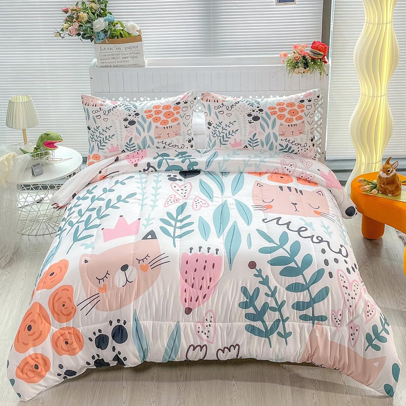 CVHOUSE Cat Bedding,Cartoon Cat Comforter Full,Animals Print Comforter Set for Kids,Kawaii Quilt Set with 1 Comforter and 2 Pillow Cases - Image 3