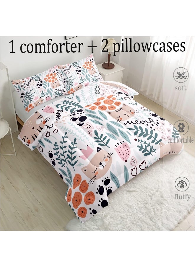 Generic CVHOUSE Cat Bedding, Cartoon Cat Comforter Full, Animals Print Comforter Set for Kids, Kawaii Quilt Set with 1 Comforter and 2 Pillow Cases  - Image 2