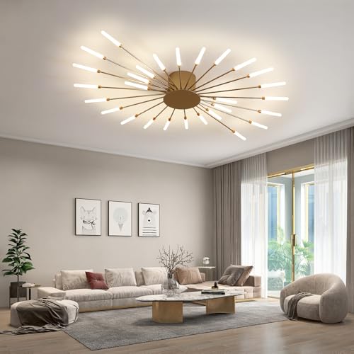 JAYMP 41.3" Ceiling Light Modern Flower Shape Ceiling Lamp for Dining Room Kitchen Hallway Flush Mount Metal Acrylic Sputnik Firework Petal LED Lighting Fixture (Matte Gold, 28 Lights) - Image 1