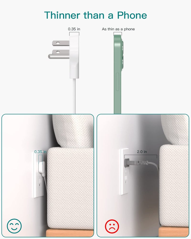 Addtam Flat Plug Power Strip, Ultra Thin Flat Extension Cord - Addtam 12 Widely AC 3 Sides Multiple Outlets, 5Ft, Wall Mount, Desk Charging Station for Home Office Dorm Room Essentials - Image 2