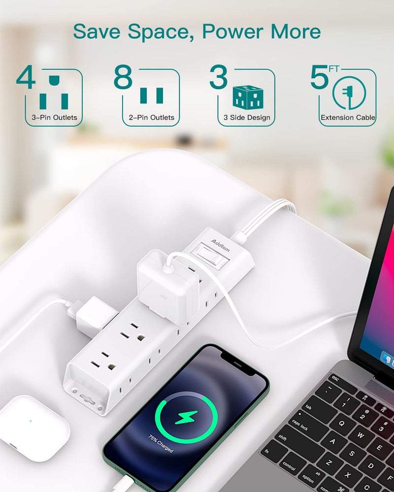 Addtam Flat Plug Power Strip, Ultra Thin Flat Extension Cord - Addtam 12 Widely AC 3 Sides Multiple Outlets, 5Ft, Wall Mount, Desk Charging Station for Home Office Dorm Room Essentials - Image 3