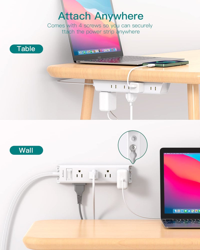 Addtam Flat Plug Power Strip, Ultra Thin Flat Extension Cord - Addtam 12 Widely AC 3 Sides Multiple Outlets, 5Ft, Wall Mount, Desk Charging Station for Home Office Dorm Room Essentials - Image 4