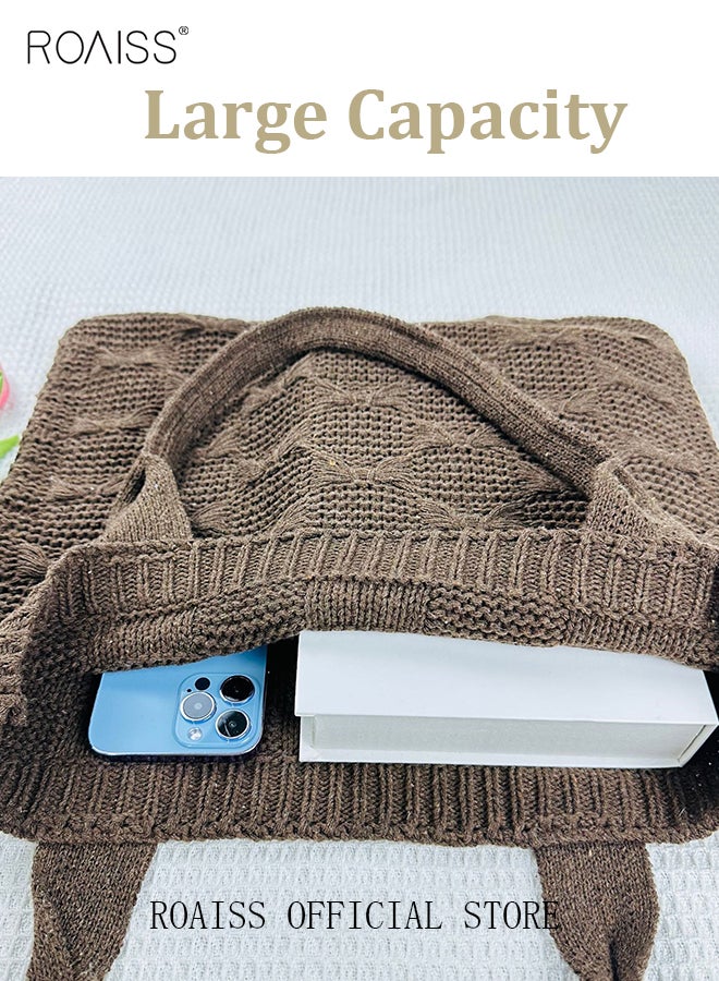 roaiss Women Knitted Shoulder Bag Solid Color Design Fashionable and Versatile Large Capacity Tote Bag - Image 3