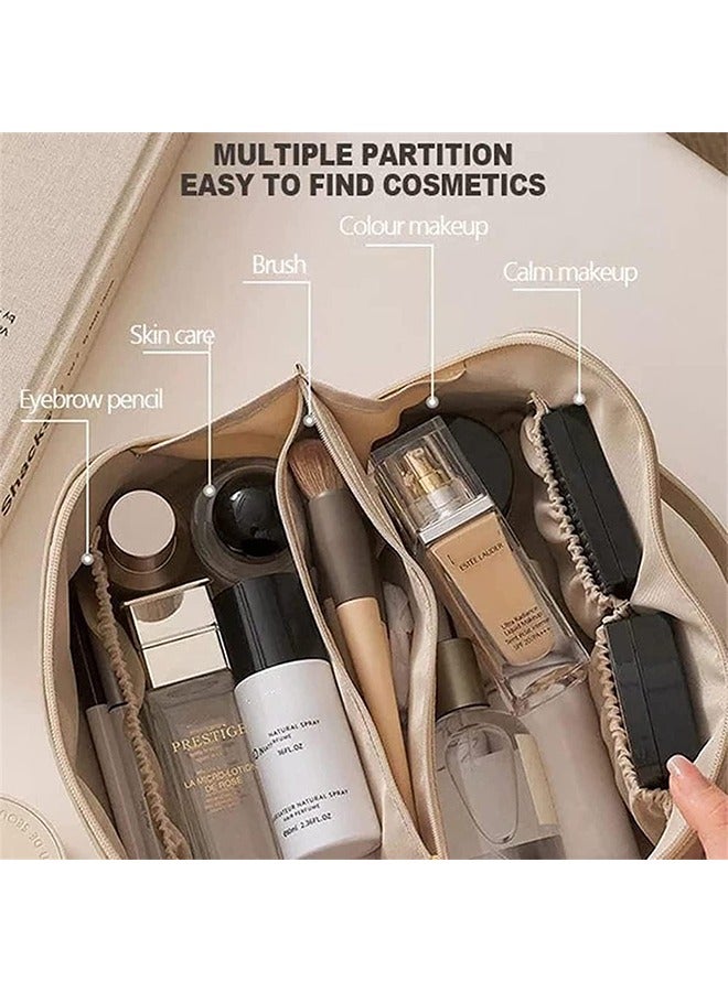 Large Capacity Travel Cosmetic Bag, Multifunction Organizer Storage Bag, Leather Waterproof Bag, Makeup Bag with Handle and Dividers, Skincare Dispenser, Toiletry Bag for Women (Off-white color) - Image 3