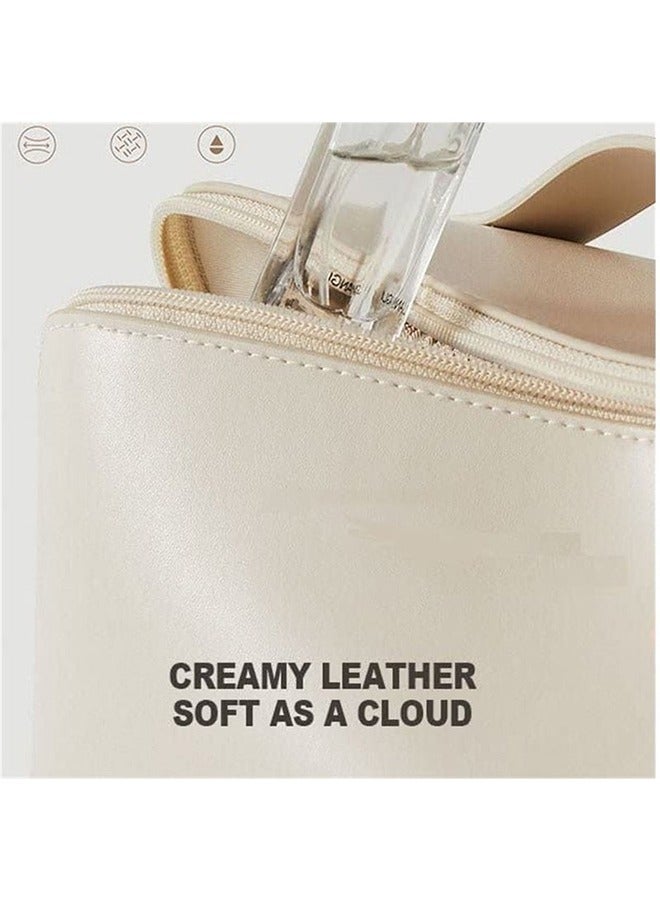 Large Capacity Travel Cosmetic Bag, Multifunction Organizer Storage Bag, Leather Waterproof Bag, Makeup Bag with Handle and Dividers, Skincare Dispenser, Toiletry Bag for Women (Off-white color) - Image 4