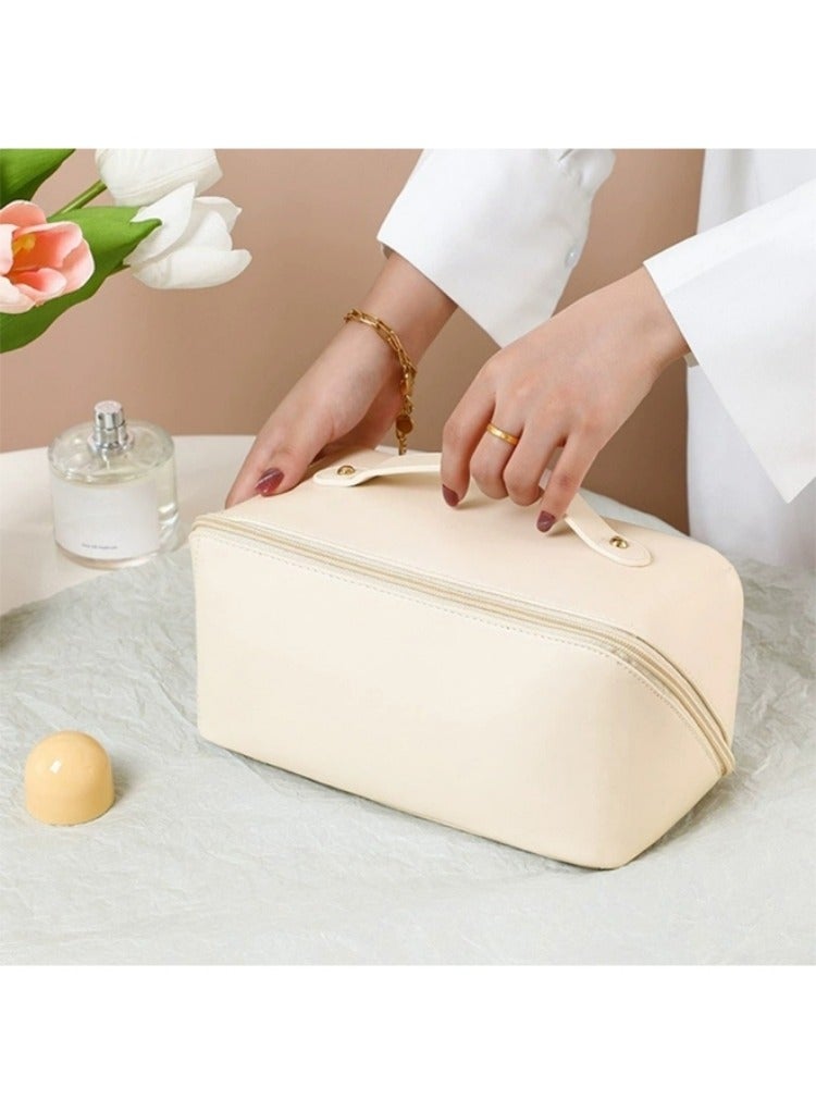 Large Capacity Travel Cosmetic Bag, Multifunction Organizer Storage Bag, Leather Waterproof Bag, Makeup Bag with Handle and Dividers, Skincare Dispenser, Toiletry Bag for Women (Off-white color) - Image 1