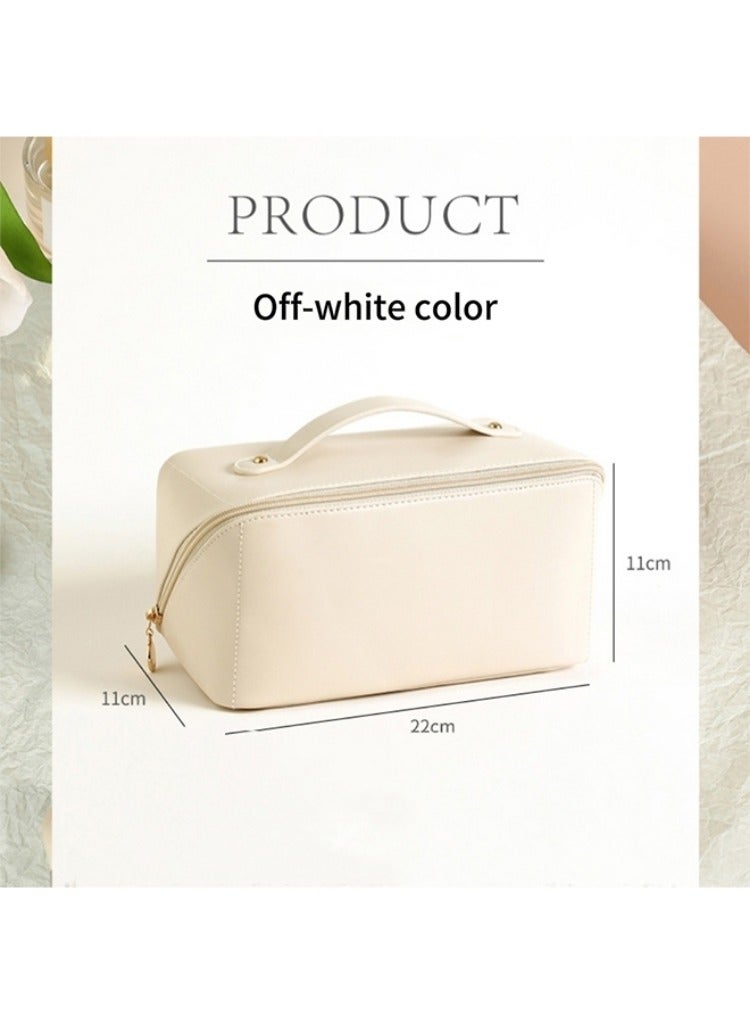 Large Capacity Travel Cosmetic Bag, Multifunction Organizer Storage Bag, Leather Waterproof Bag, Makeup Bag with Handle and Dividers, Skincare Dispenser, Toiletry Bag for Women (Off-white color) - Image 2