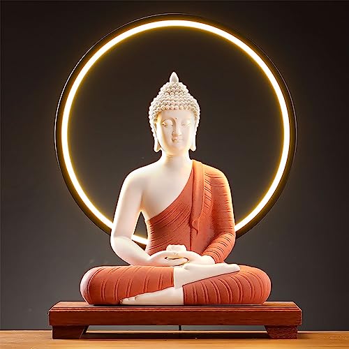 QINLANG 12 inch Red Buddha Statue and 15.74 inch LED Circle Table Lamp, Indoor Buddha Statues for Home Décor - Image 1