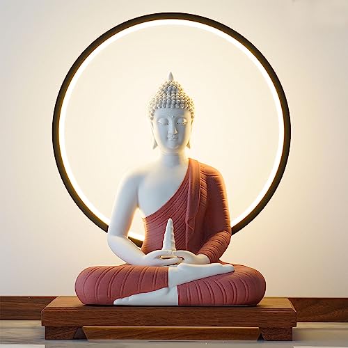 QINLANG 12 inch Red Buddha Statue and 15.74 inch LED Circle Table Lamp, Indoor Buddha Statues for Home Décor - Image 5