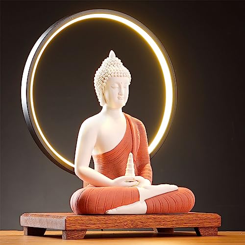 QINLANG 12 inch Red Buddha Statue and 15.74 inch LED Circle Table Lamp, Indoor Buddha Statues for Home Décor - Image 3