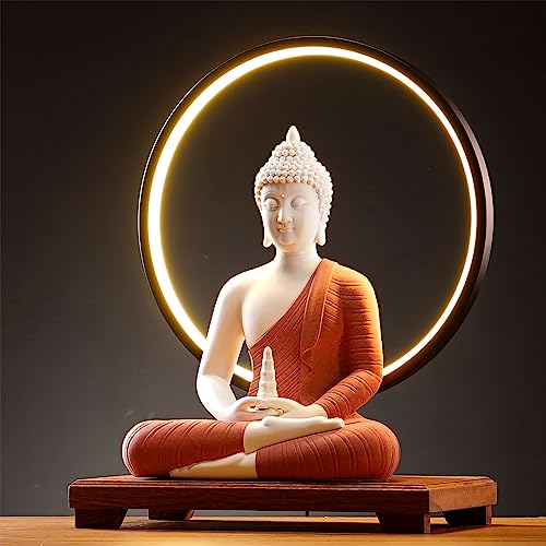 QINLANG 12 inch Red Buddha Statue and 15.74 inch LED Circle Table Lamp, Indoor Buddha Statues for Home Décor - Image 4