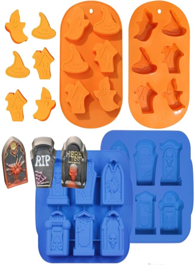 LEGACYCART 6 Cavity Halloween Gravestone And 6 Slot Skull Haunted House Ghost Hat Gummy Silicone Mould Perfect to Make Chocolate Cake Cupcake Pudding Jelly Resin Gummy Soap Ice Cube Cookie (PACK OF 2) - Image 1