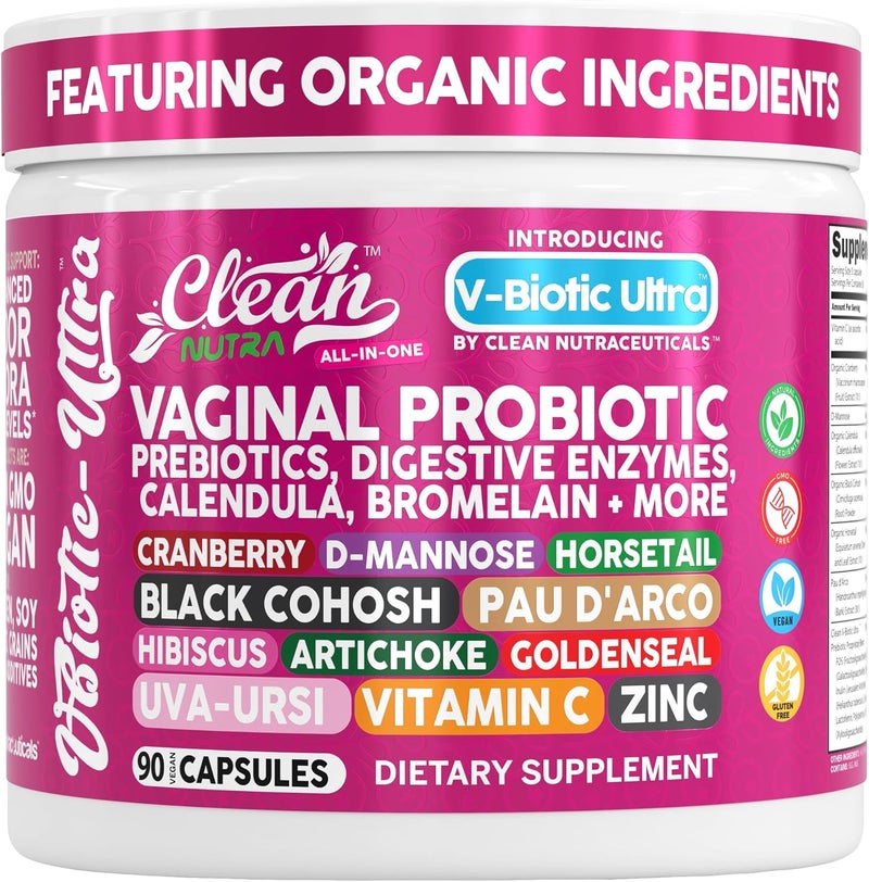 Clean Nutraceuticals Clean Nutra Vaginal Probiotics for Women  Prebiotics Digestive Enzymes Bromelain Cranberry D Mannose Horsetail Black Cohosh Artichoke Hibiscus Flowers Probiotic for Digestive Health 90 Vegan Capsules - Image 1
