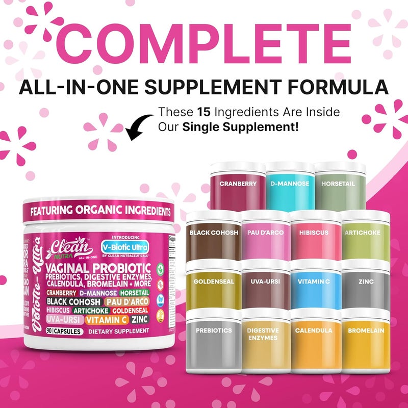 Clean Nutraceuticals Clean Nutra Vaginal Probiotics for Women  Prebiotics Digestive Enzymes Bromelain Cranberry D Mannose Horsetail Black Cohosh Artichoke Hibiscus Flowers Probiotic for Digestive Health 90 Vegan Capsules - Image 2