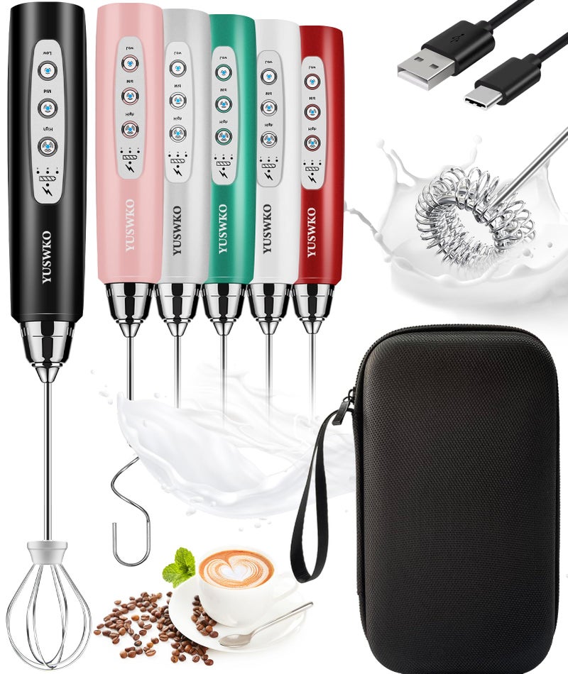 YUSWKO Rechargeable Milk Frother Handheld Frother Wand Drink Mixer for Coffee, Electric Whisk 3 Speed Adjustable, Coffee Foamer Maker with 3 Stainless Whisks Ideal Stirrers for Travel - Black - Image 1