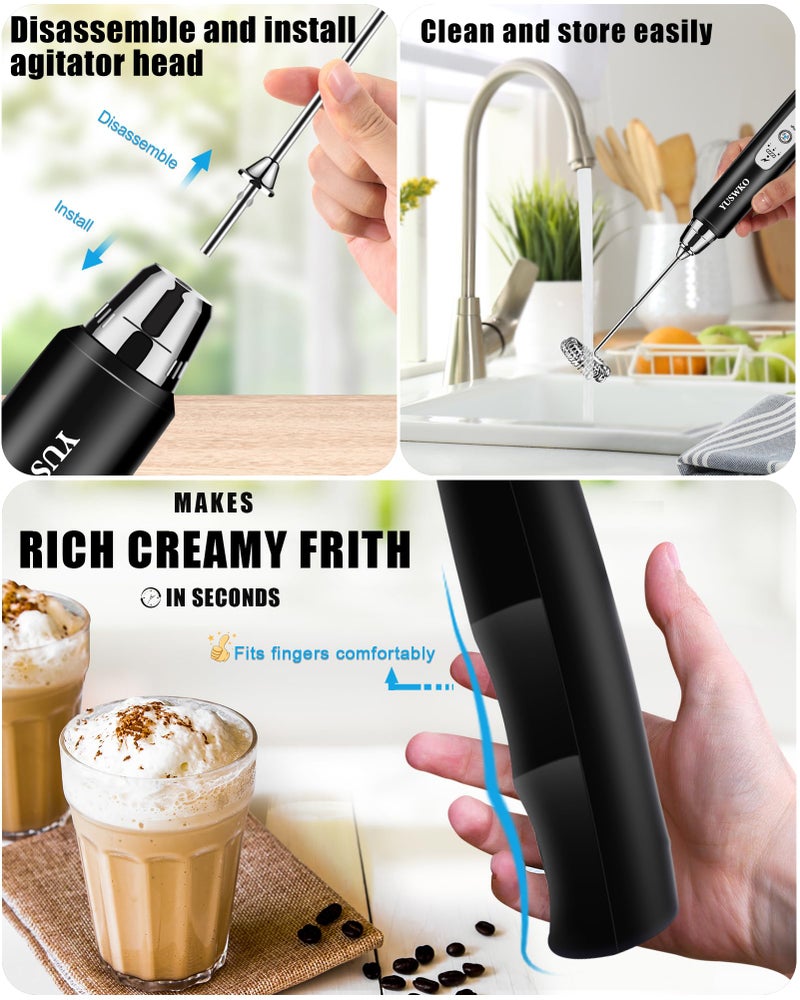 YUSWKO Rechargeable Milk Frother Handheld Frother Wand Drink Mixer for Coffee, Electric Whisk 3 Speed Adjustable, Coffee Foamer Maker with 3 Stainless Whisks Ideal Stirrers for Travel - Black - Image 5