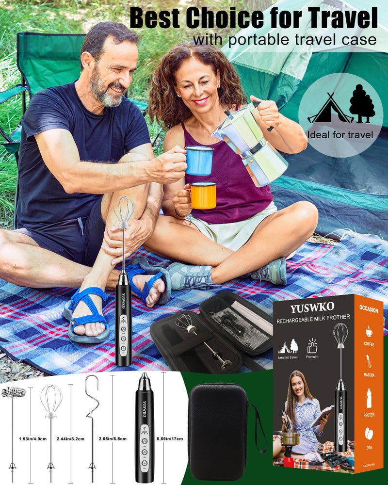 YUSWKO Rechargeable Milk Frother Handheld Frother Wand Drink Mixer for Coffee, Electric Whisk 3 Speed Adjustable, Coffee Foamer Maker with 3 Stainless Whisks Ideal Stirrers for Travel - Black - Image 2