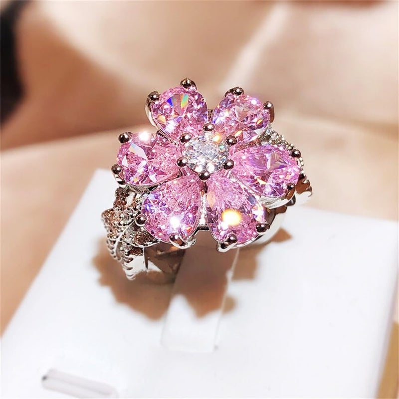 AZQ 925 Sterling Silver Shiny Full Diamond Ring 18K Gold Cocktail Ring Teardrop Pink Cubic Zirconia Promise Ring CZ Diamond Multi Row Ring Eternity Engagement Wedding Band Ring for Women Z.62 (US Code 7) - Image 2