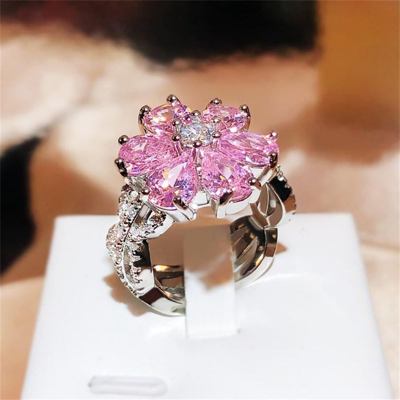 AZQ 925 Sterling Silver Shiny Full Diamond Ring 18K Gold Cocktail Ring Teardrop Pink Cubic Zirconia Promise Ring CZ Diamond Multi Row Ring Eternity Engagement Wedding Band Ring for Women Z.62 (US Code 7) - Image 3