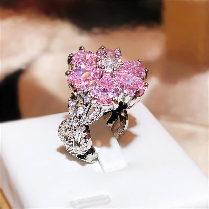 AZQ 925 Sterling Silver Shiny Full Diamond Ring 18K Gold Cocktail Ring Teardrop Pink Cubic Zirconia Promise Ring CZ Diamond Multi Row Ring Eternity Engagement Wedding Band Ring for Women Z.62 (US Code 7) - Image 4