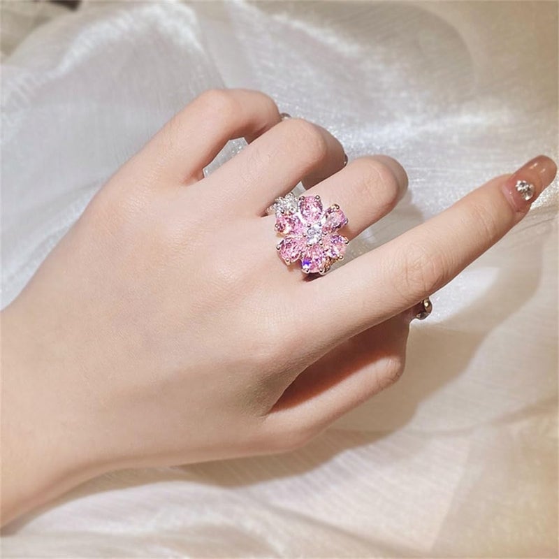 AZQ 925 Sterling Silver Shiny Full Diamond Ring 18K Gold Cocktail Ring Teardrop Pink Cubic Zirconia Promise Ring CZ Diamond Multi Row Ring Eternity Engagement Wedding Band Ring for Women Z.62 (US Code 7) - Image 5