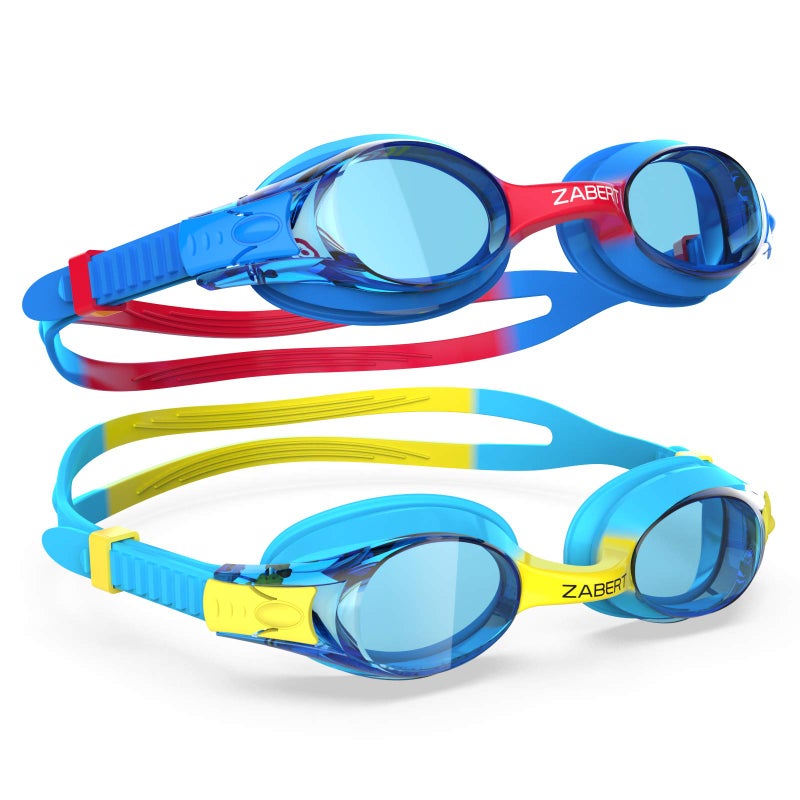 ZABERT 2 Pack Kids Swim Goggles, Blue Yellow & Blue Red, UV Protection, Adjustable, Shatterproof - Image 1