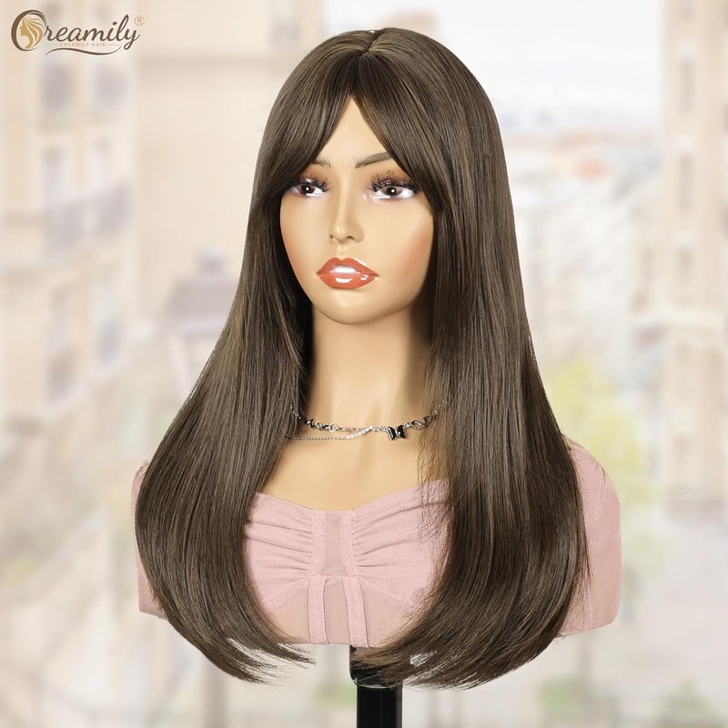 Creamily Long Hair Wig For Women Full HeadBrown Mixed Blonde Wigs For WomenSynthetic Hair With Bang Parts NaturalWomen Hair Wig Straight For Daily Diwali20Inch Brown - Image 3