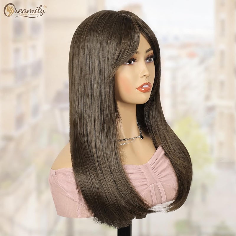 Creamily Long Hair Wig For Women Full HeadBrown Mixed Blonde Wigs For WomenSynthetic Hair With Bang Parts NaturalWomen Hair Wig Straight For Daily Diwali20Inch Brown - Image 4