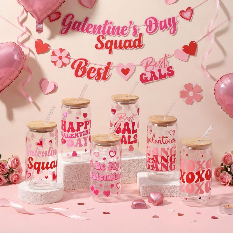 Willinglong 6 Pcs Galentines Glass Cup 16 oz Hearts Glass Cups with Lids and Straws, Galentines Reusable Iced Coffee Smoothie Cups Bulk Galentine's Day Party Favors for Gift Women Birthday Valentine - Image 3