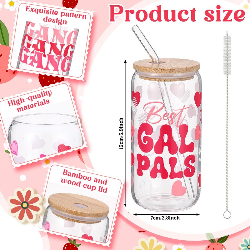 Willinglong 6 Pcs Galentines Glass Cup 16 oz Hearts Glass Cups with Lids and Straws, Galentines Reusable Iced Coffee Smoothie Cups Bulk Galentine's Day Party Favors for Gift Women Birthday Valentine - Image 2