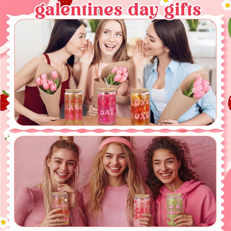 Willinglong 6 Pcs Galentines Glass Cup 16 oz Hearts Glass Cups with Lids and Straws, Galentines Reusable Iced Coffee Smoothie Cups Bulk Galentine's Day Party Favors for Gift Women Birthday Valentine - Image 5