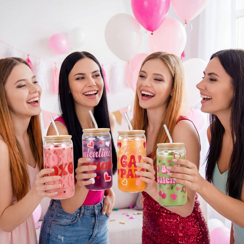 Willinglong 6 Pcs Galentines Glass Cup 16 oz Hearts Glass Cups with Lids and Straws, Galentines Reusable Iced Coffee Smoothie Cups Bulk Galentine's Day Party Favors for Gift Women Birthday Valentine - Image 4