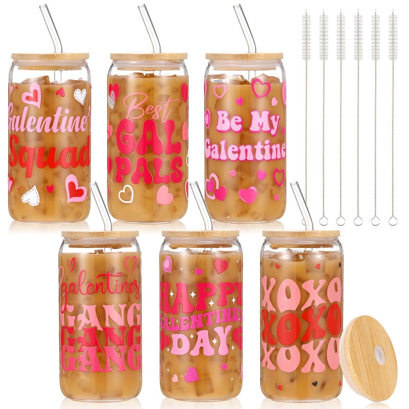 Willinglong 6 Pcs Galentines Glass Cup 16 oz Hearts Glass Cups with Lids and Straws, Galentines Reusable Iced Coffee Smoothie Cups Bulk Galentine's Day Party Favors for Gift Women Birthday Valentine - Image 1