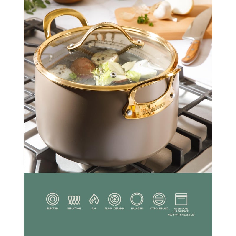 Bloomhouse - Two Time Oprah's Favorite Things Winner - 8 Quart Stock Pot w/Lid â€“ PFAS-Free Ceramic Nonstick Dutch Oven Heavy Duty Aluminum Oven Safe Dishwasher Safe Cappuccino Cream w/Gold Handles - Image 5